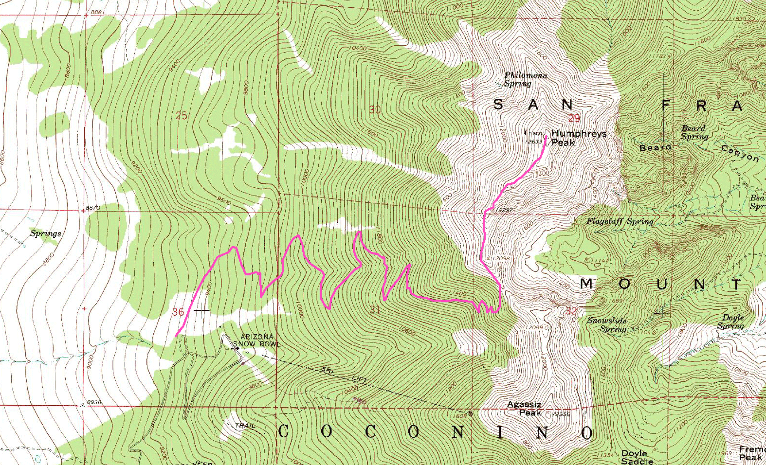 Topo Map with Humphreys Peak Trail