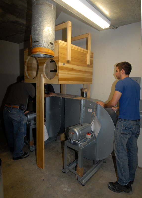 DSC_5016.JPG - Installing the main blowers in teh basement blower room.