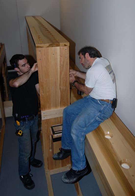 DSC_5147.JPG - Attaching the wind chest to the framing and the wind trunk to th wind chest.